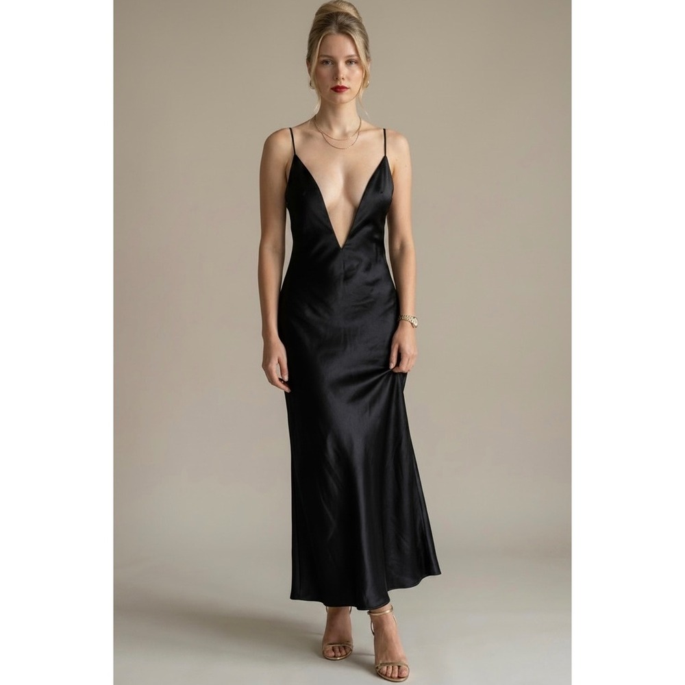 Zara Black Satin Plunging V-Neck Maxi Dress Size Medium Evening Formal Slip